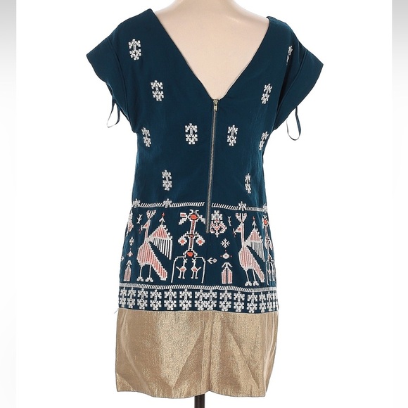 Anthropologie Floreat Avian Myth Shift Dress Teal Gold Embroidered Aztec Size 0 - Picture 4 of 8